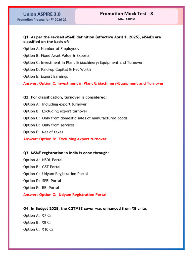 MSME Promotion Mock Test FY 2026-25 | PDF | Monetary Policy | Reserve ...