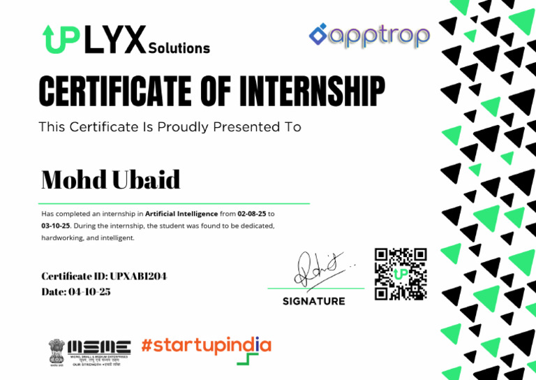 AI Internship Certificate for Mohd Ubaid | PDF