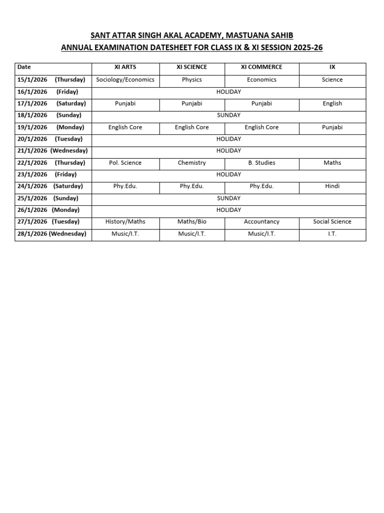 Class IX & XI Exam Dates 2025-26 | PDF