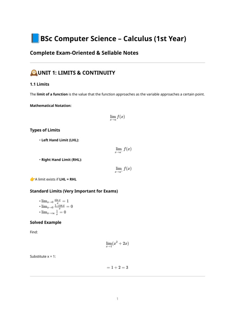 BSc Computer Science Calculus Notes | PDF | Derivative | Mathematical ...