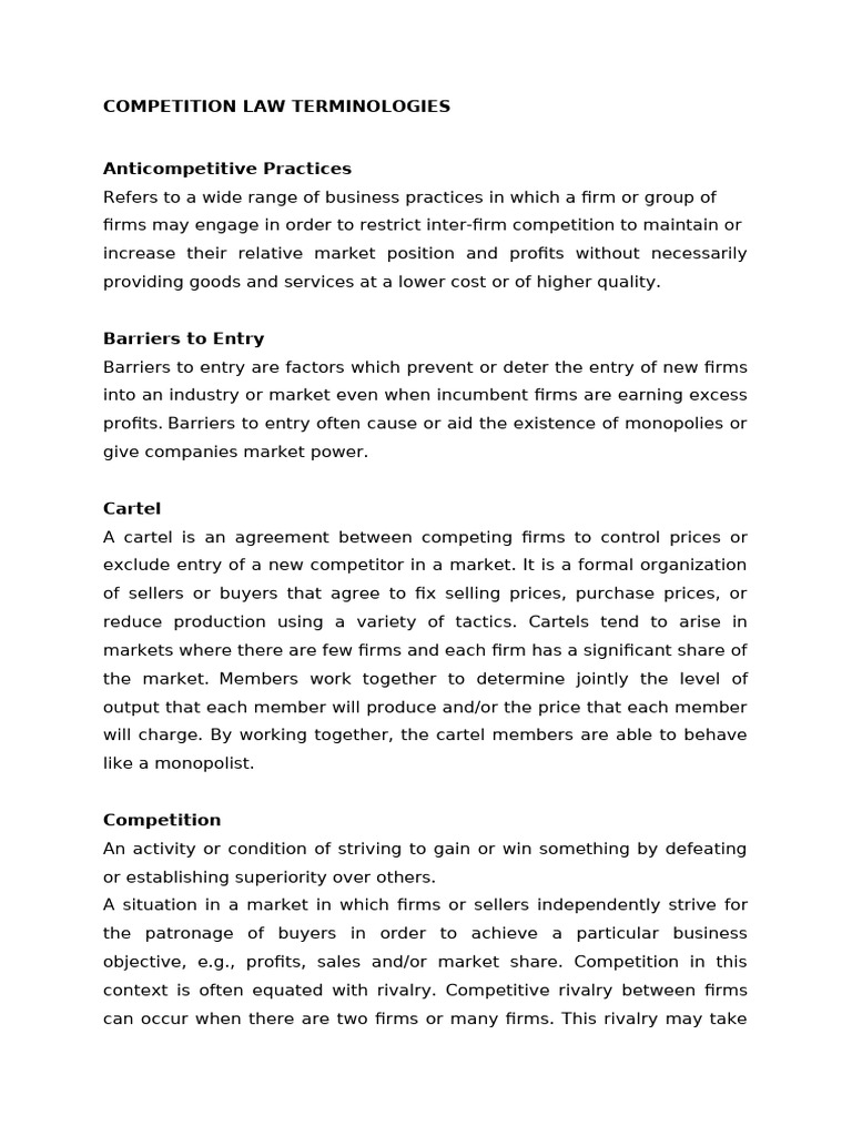 Competition Law Key Terminologies | PDF | Market Power | Monopoly