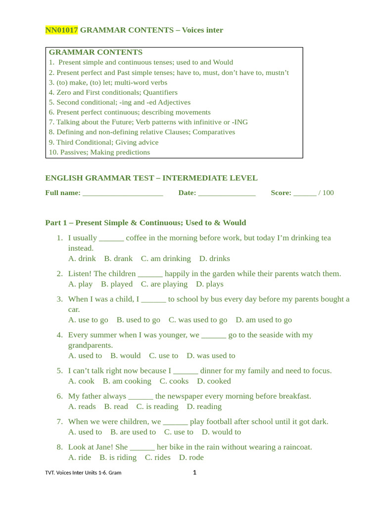 Intermediate English Grammar Test | PDF | Language Mechanics | Grammar