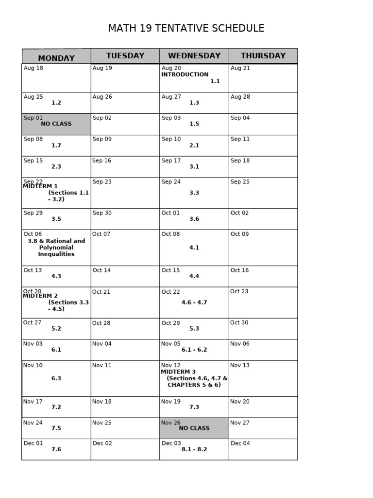 MATH 19 Course Schedule Overview | PDF