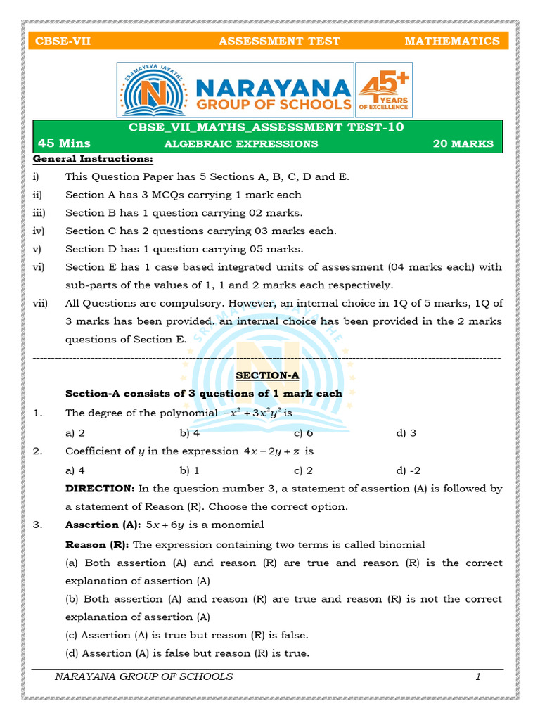 CBSE VII Math Assessment on Algebra | PDF | Polynomial | Algebra