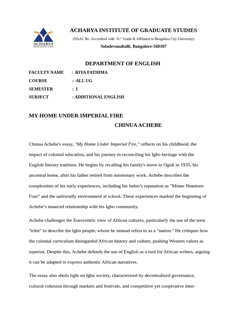 My Home Under Imperial Fire Notes - AE | PDF | Igbo People | Narrative