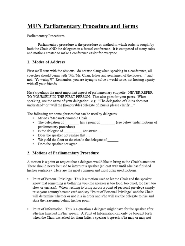 MUN Parliamentary Procedure and Terms | PDF | Question | Political Law