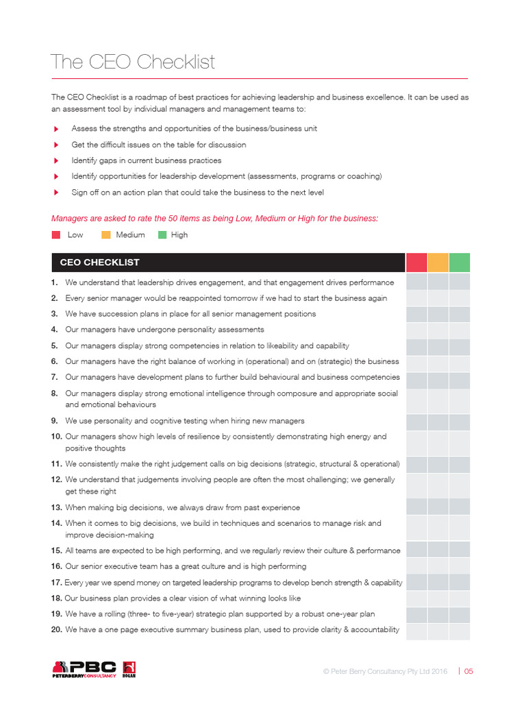 CEO Checklist for Business Excellence | PDF | Strategic Planning ...