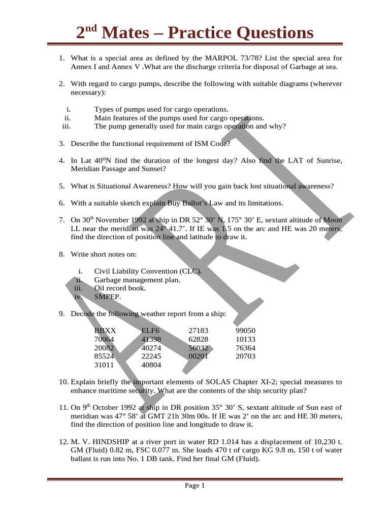2nd Mates Exam Practice Questions | PDF | Ships | Shipping