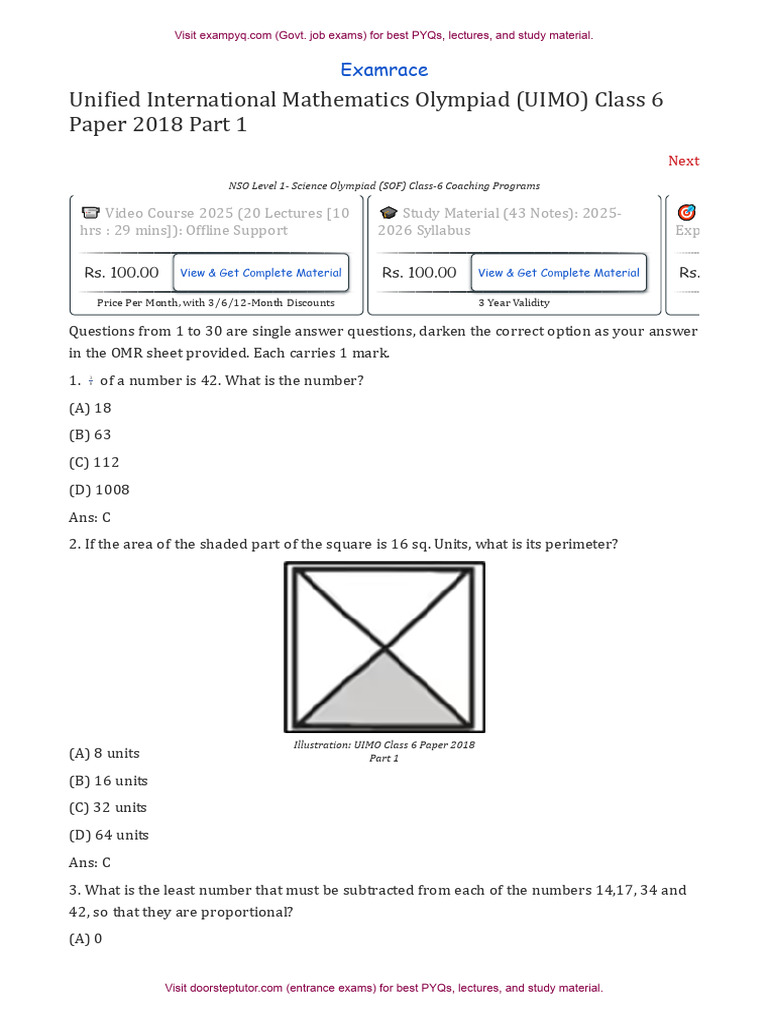 UIMO Class 6 Paper 2018 Part 1 | PDF