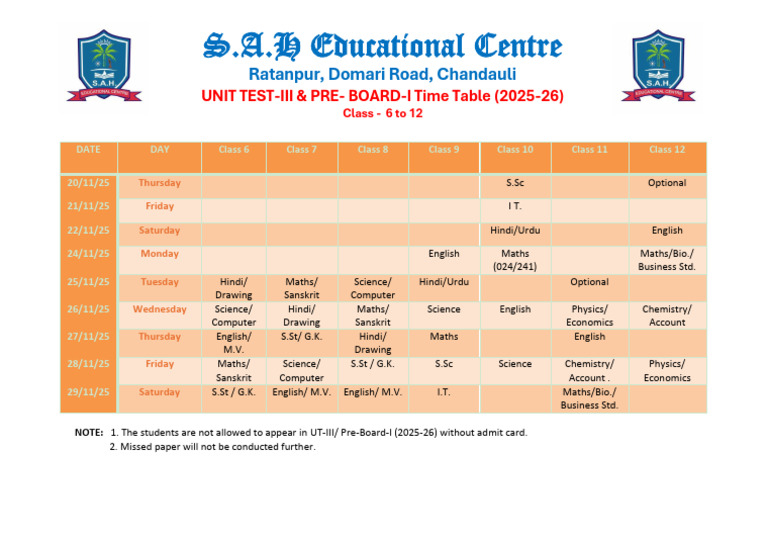 UT-III & PreBoard Time Table 6 To 12 (2025-26) | PDF