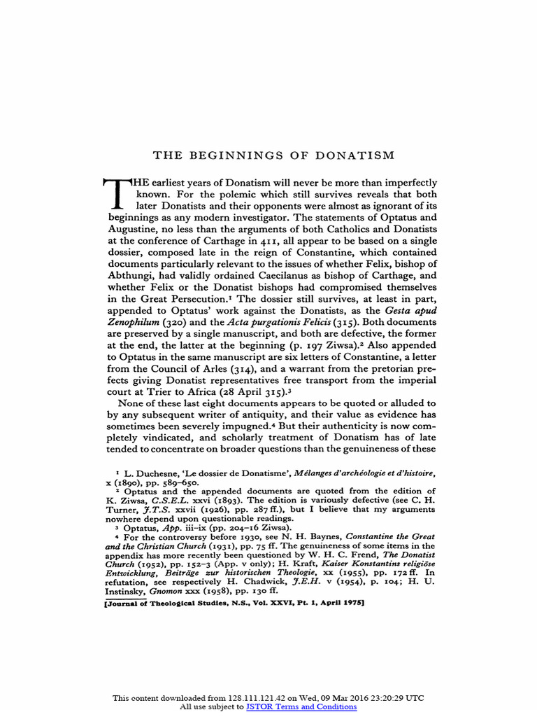 Timothy D. Barnes, The Beginnings of Donatism | PDF