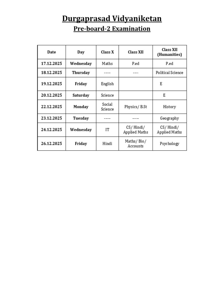 Pre Board 2 Datesheet | PDF