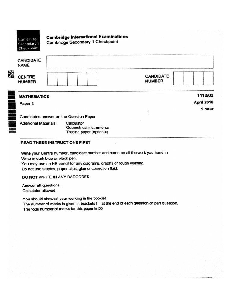 April 2018 Cambridge Secondary 1 Checkpoint Mathematics Paper 2 | PDF