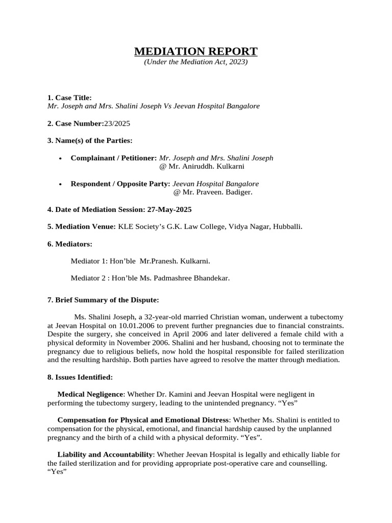 Mediation Report: Joseph vs. Jeevan Hospital | PDF | Strike Action ...