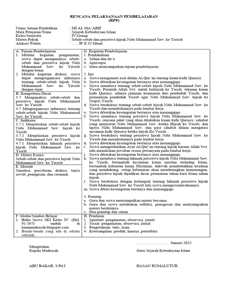 RPP Sejarah Hijrah Nabi Muhammad | PDF