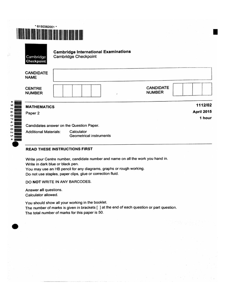 April 2015 Cambridge Secondary 1 Checkpoint Mathematics Paper 2 | PDF