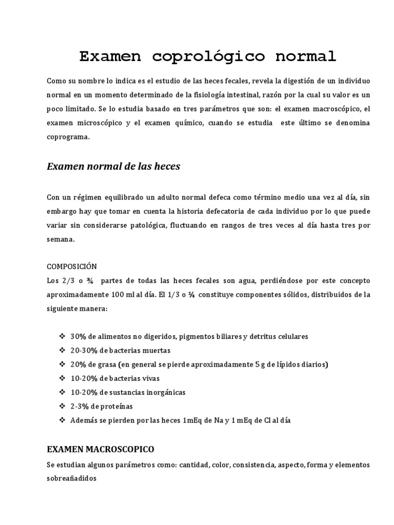 Examen Coprológico Normal y Valores | PDF | Diarrea | Heces