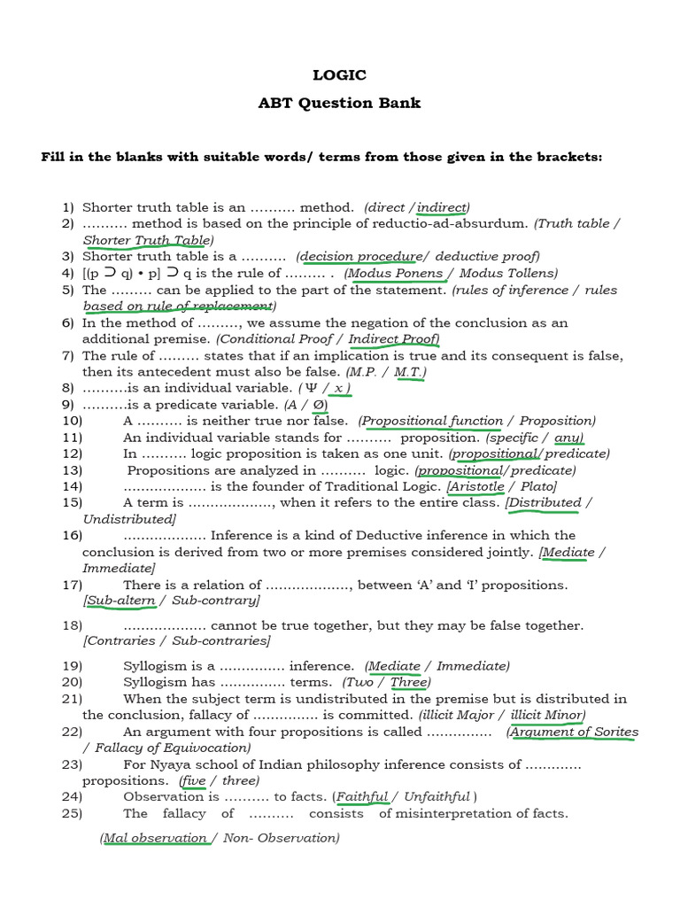 Logic ABT Question Bank: Fill-in-the-Blanks | PDF | Logic | Deductive ...