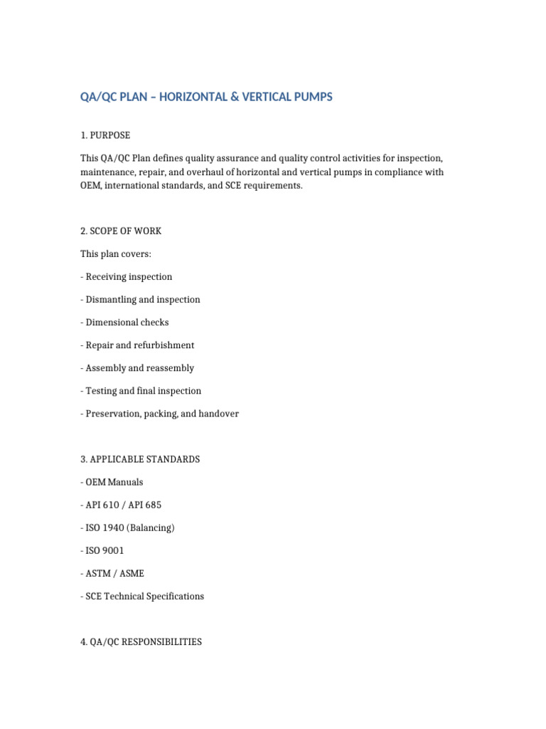 QA/QC Plan for Pump Inspection & Repair | PDF