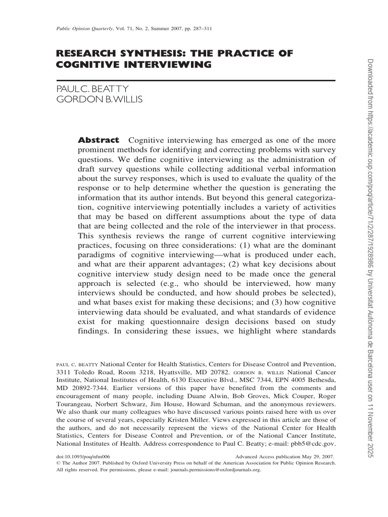 Cognitive Interviewing in Survey Research | PDF | Survey Methodology ...
