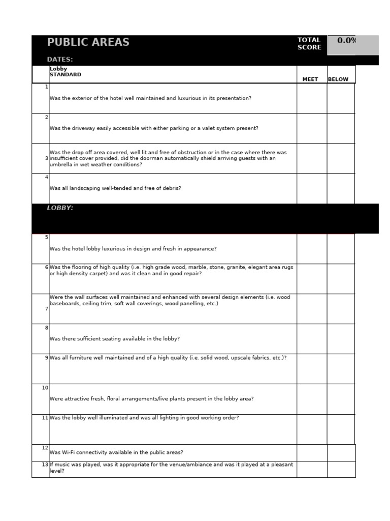 Hotel Public Area Standards Checklist | PDF | Public Toilet | Refrigerator