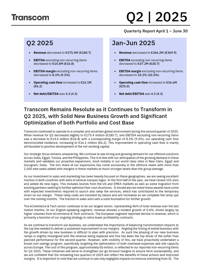 Transcom Q2 Report 2025 | PDF | Equity (Finance) | Income Statement