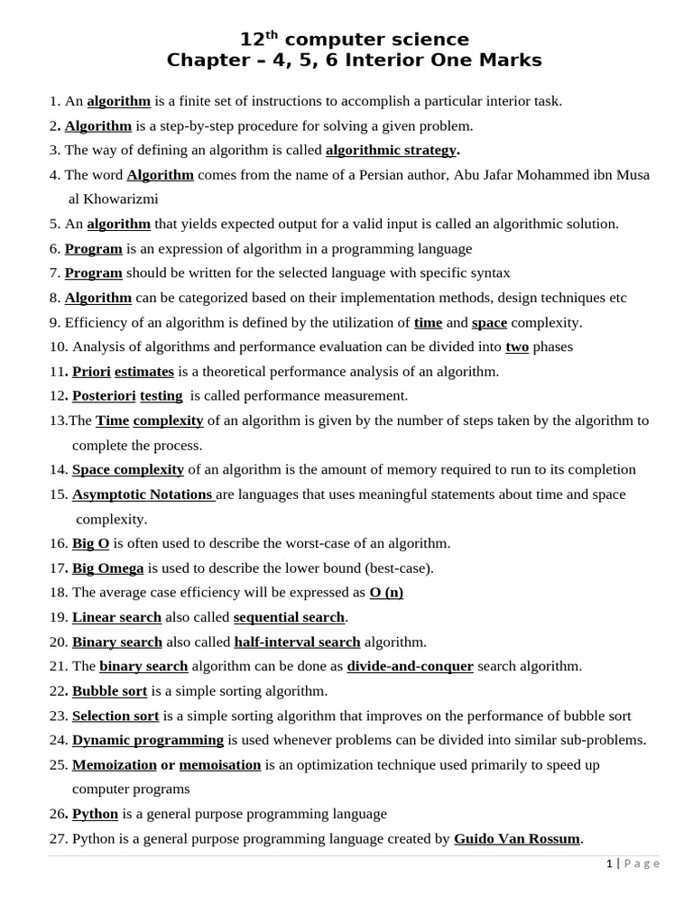 Chapter 4 To 6 Interior ONE MARKS | PDF | Algorithms | Control Flow