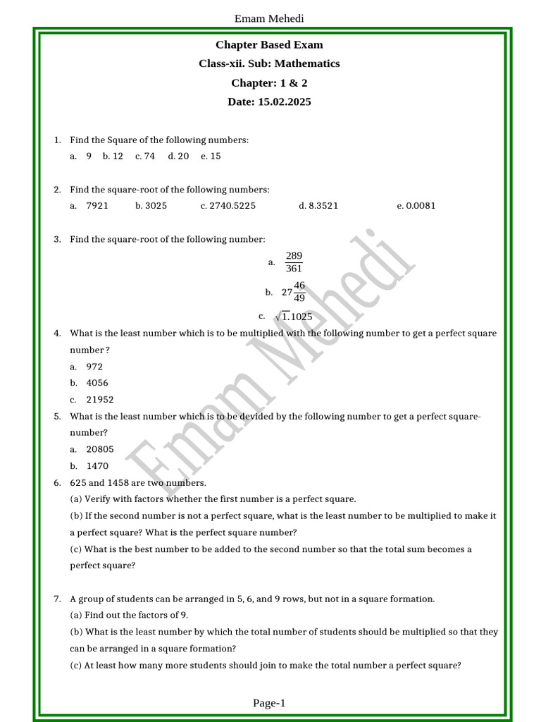 Mathematics Exam: Squares & Roots Practice | PDF