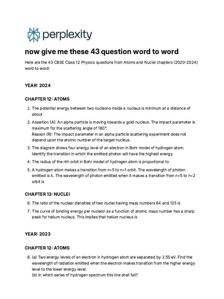 43 CBSE Class 12 Physics Questions on Atoms and Nuclei | PDF | Atomic ...