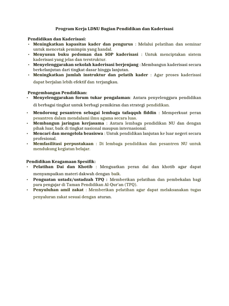 Program Kerja Pendidikan dan Kaderisasi LDNU | PDF