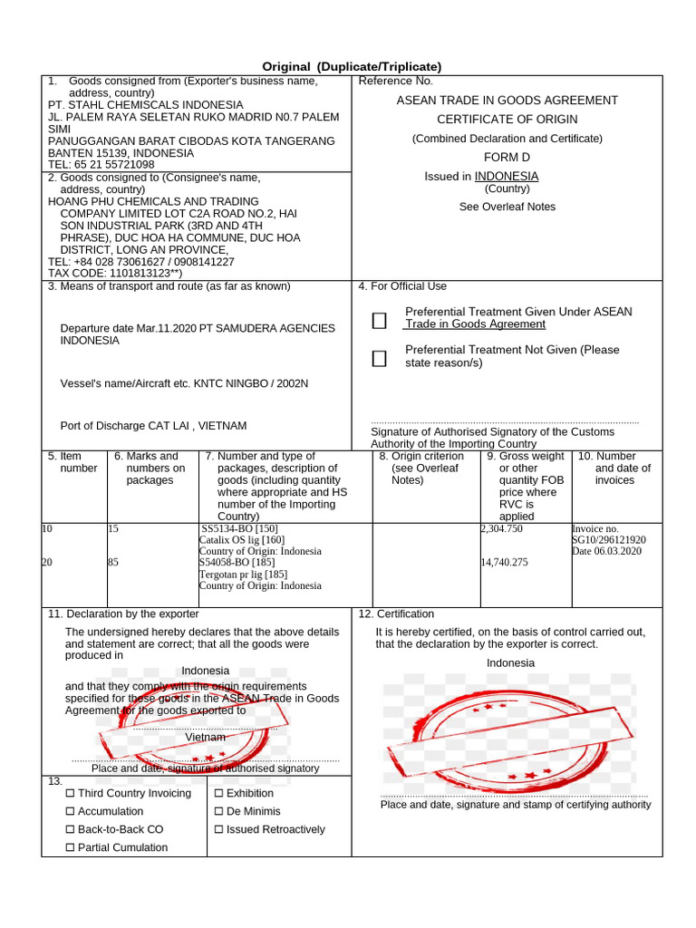 ASEAN Certificate of Origin Form D | PDF