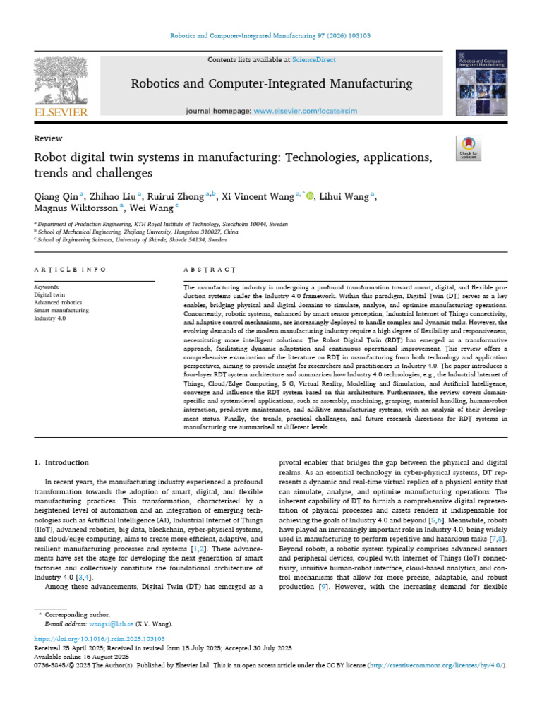 Robot Digital Twin Systems in Manufacturing | PDF | Robotics | Internet ...