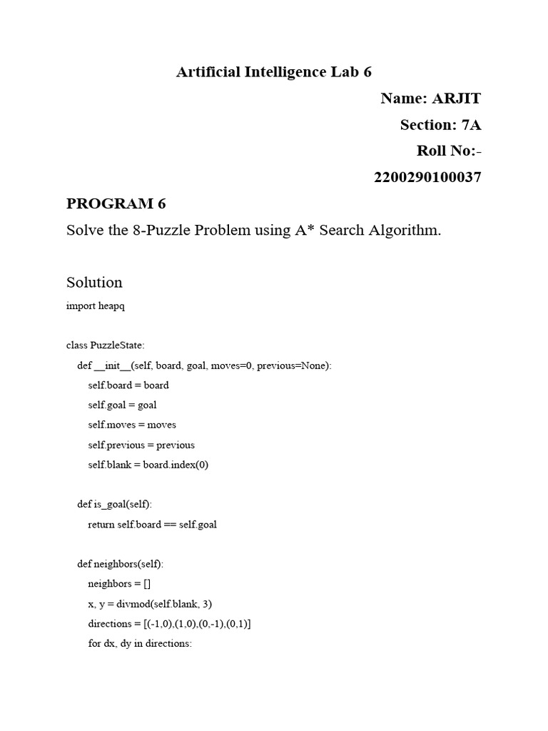 A* Search for 8-Puzzle Solution | PDF