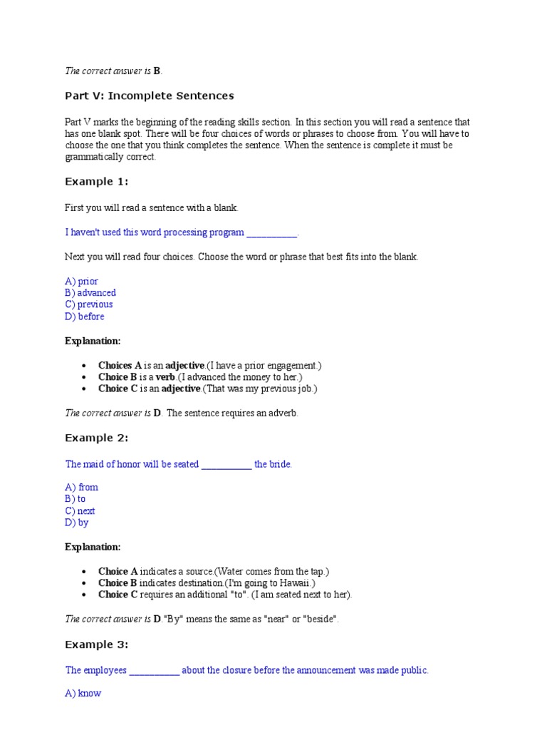 TOEIC Incomplete Sentences Practice | PDF | Verb | Phrase