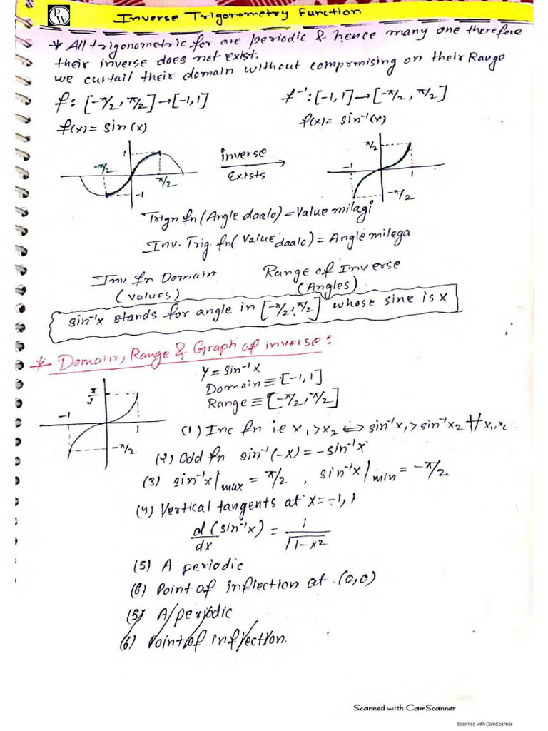 Inverse Trigonometric Functions Handwritten Notes | PDF