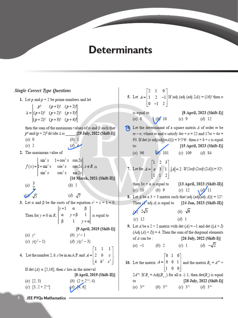 JEE Mathematics PYQs: Determinants & Functions | PDF | Determinant ...