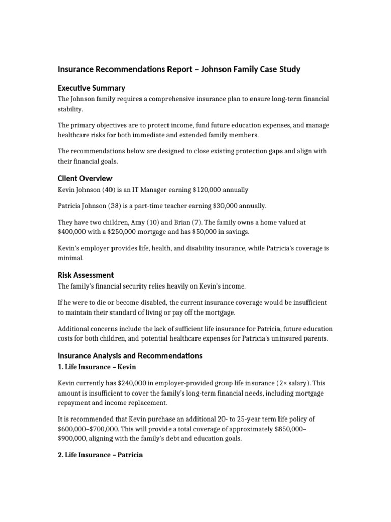 Insurance Recommendations Report Johnson Family | PDF | Insurance ...