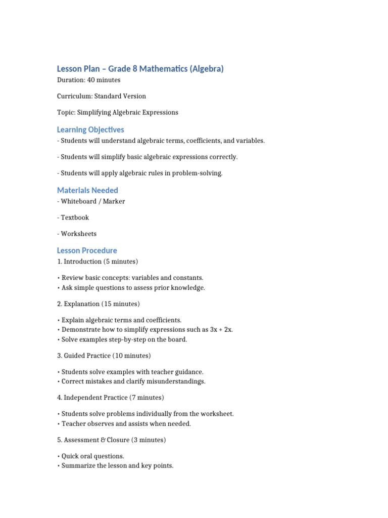 Grade 8 Algebra Lesson Plan | PDF