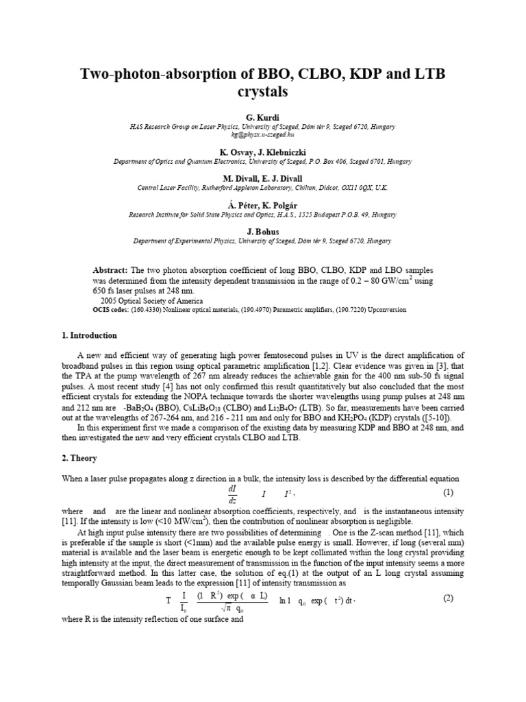 Two-Photon Absorption in BBO, CLBO, KDP, LTB | PDF | Laser | Applied ...