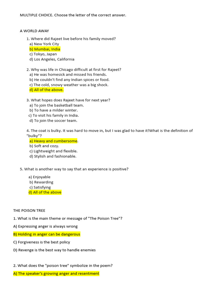 Answer Key Revision 7 Sheet 2 English 7 Reading | PDF | Optimism | Anger