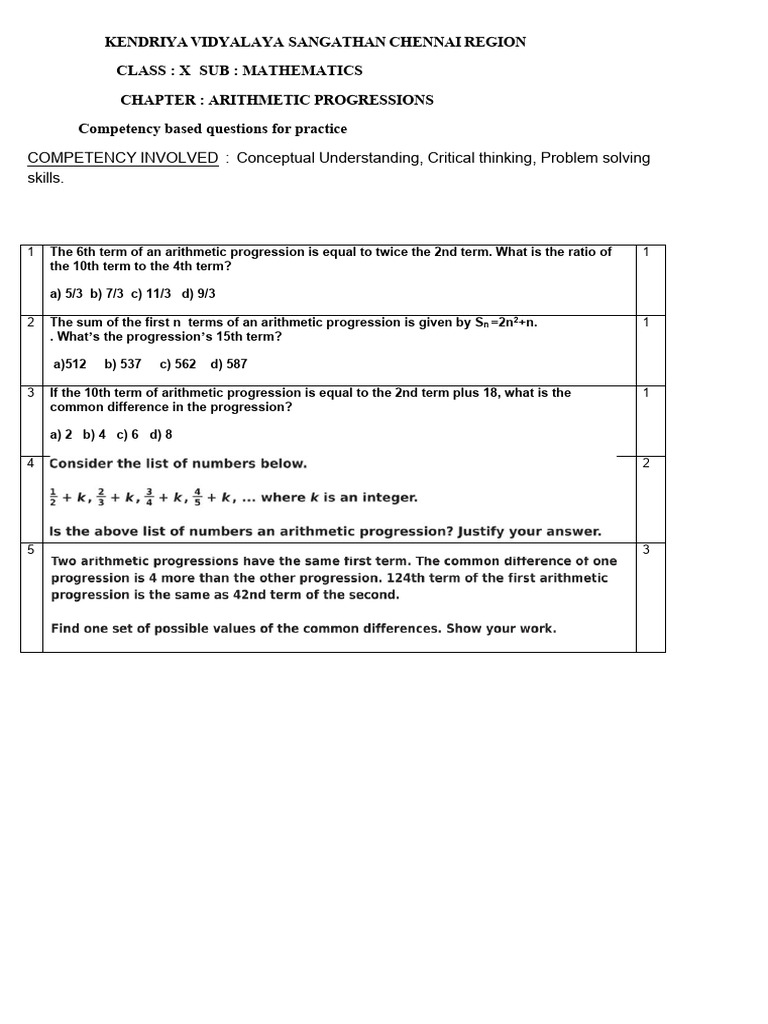 Arithmetic Progressions Practice Questions | PDF