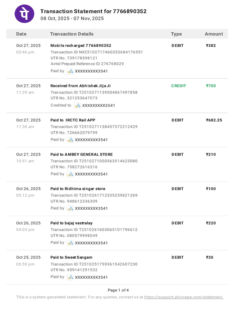 Transaction Statement for 7766890352 | PDF | Debit Card | Payments