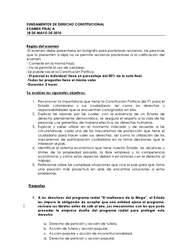 Examen Final Fundamentos de Derecho Constitucional | PDF | Gobierno ...