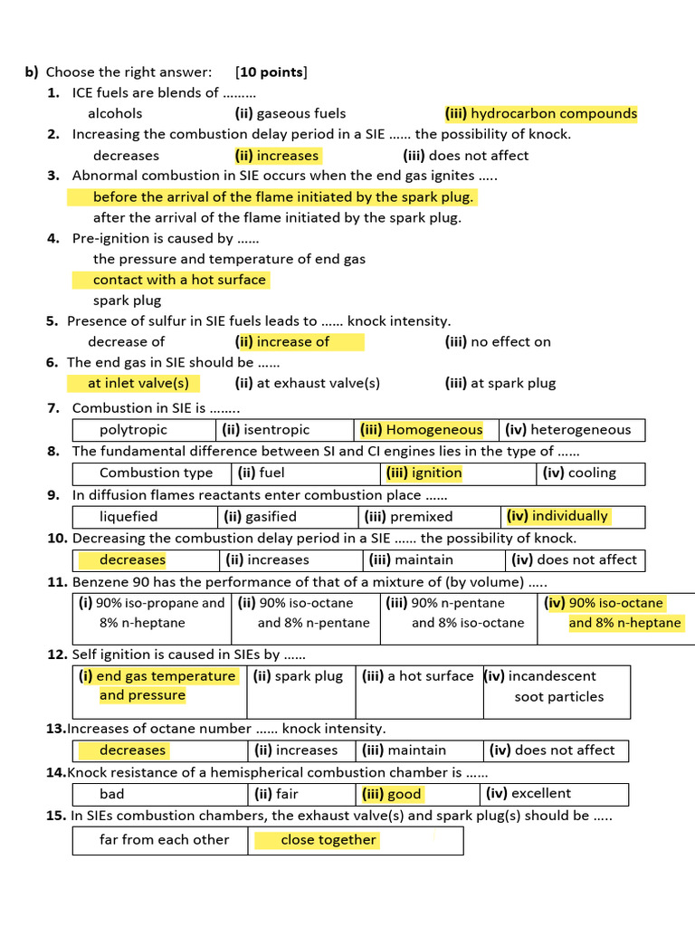 Spark Ignition Engine Combustion Quiz | PDF | Combustion | Vehicle Parts