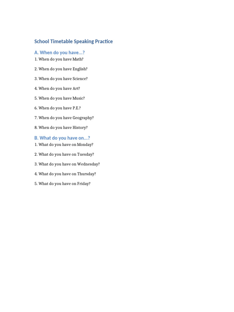 School Timetable Speaking Practice Guide | PDF