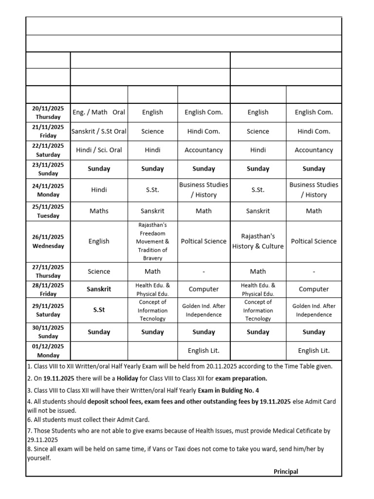 2025 Half Yearly Exam Timetable | PDF