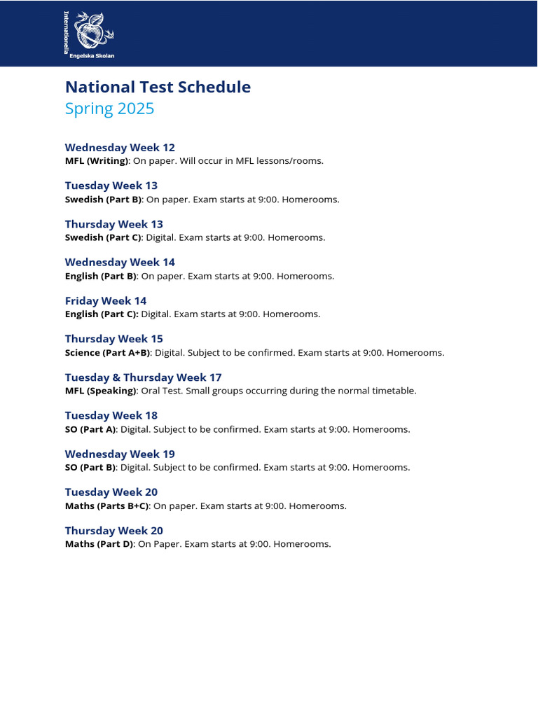 Spring 2025 National Test Schedule | PDF