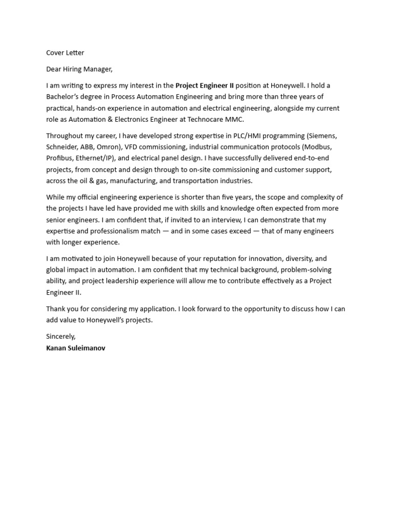 Project Engineer II Cover Letter | PDF