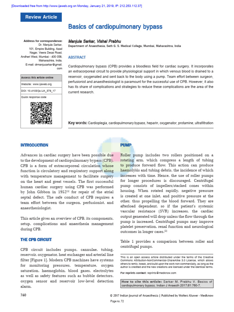 Overview of Cardiopulmonary Bypass | PDF | Coronary Artery Bypass ...