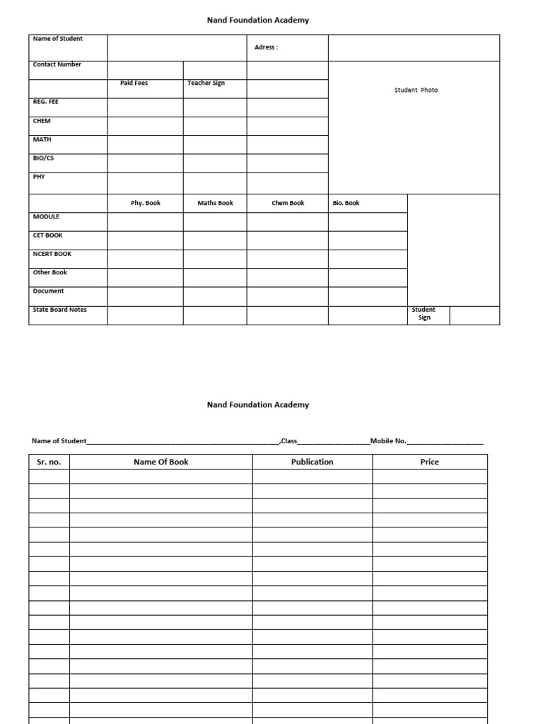 Nand Foundation Academy Student Document | PDF